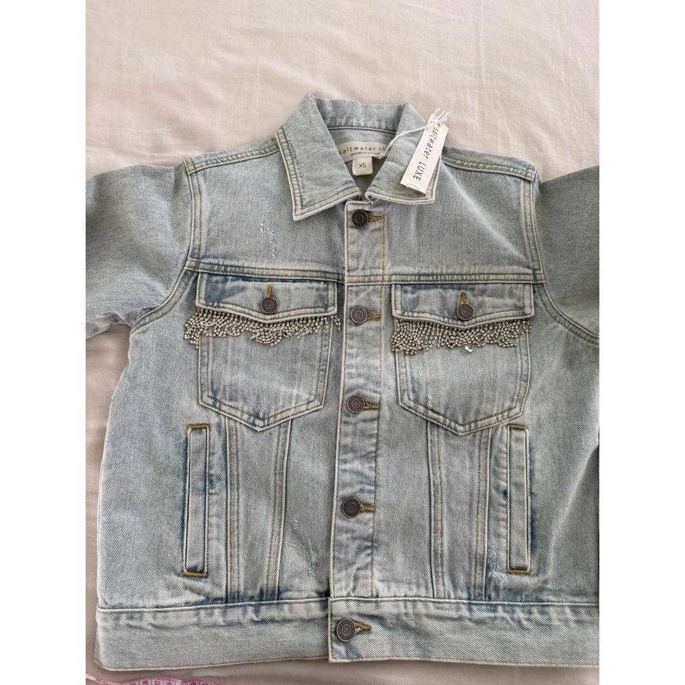 Saltwater Luxe XS Oversized Rhinestone Fringe Denim Jacket Western Festival NWT - Picture 5 of 8
